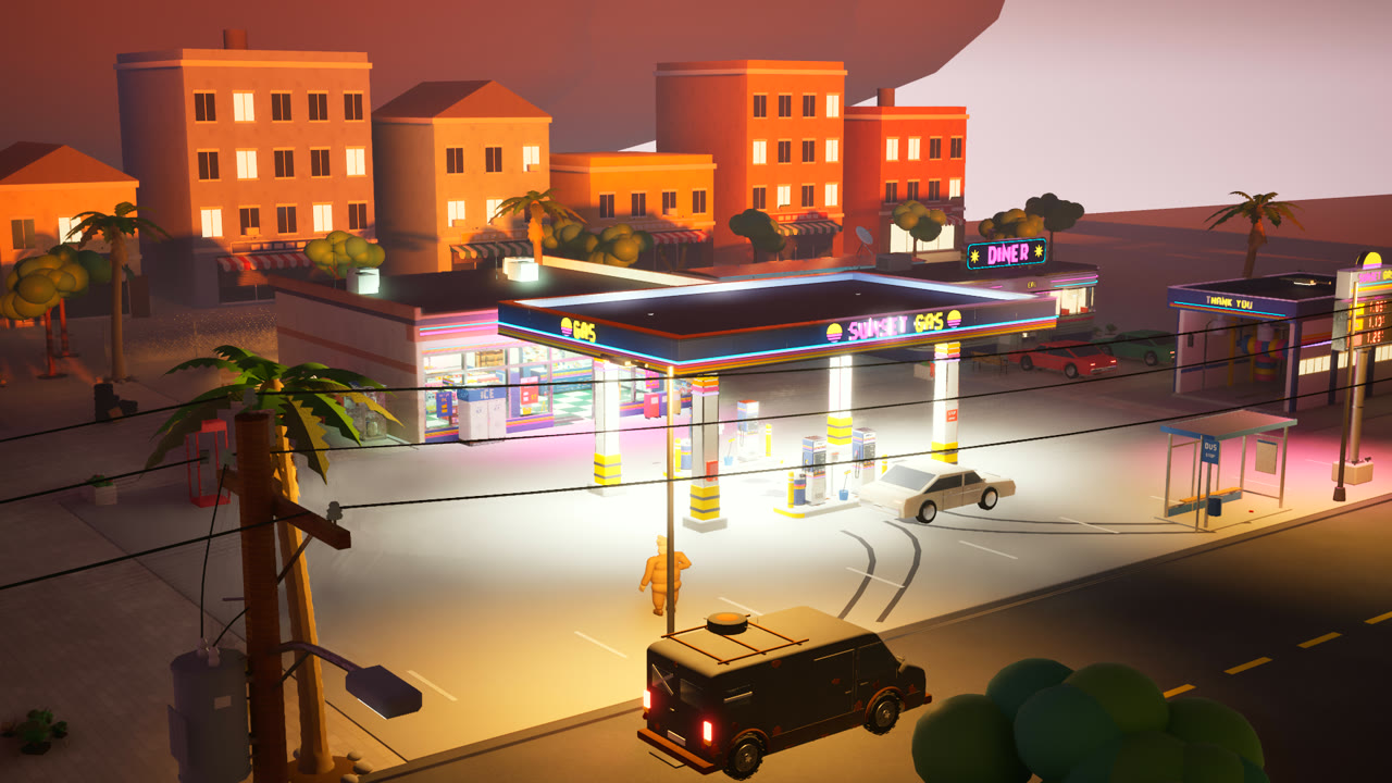 Gas station at sunset with the crew's van