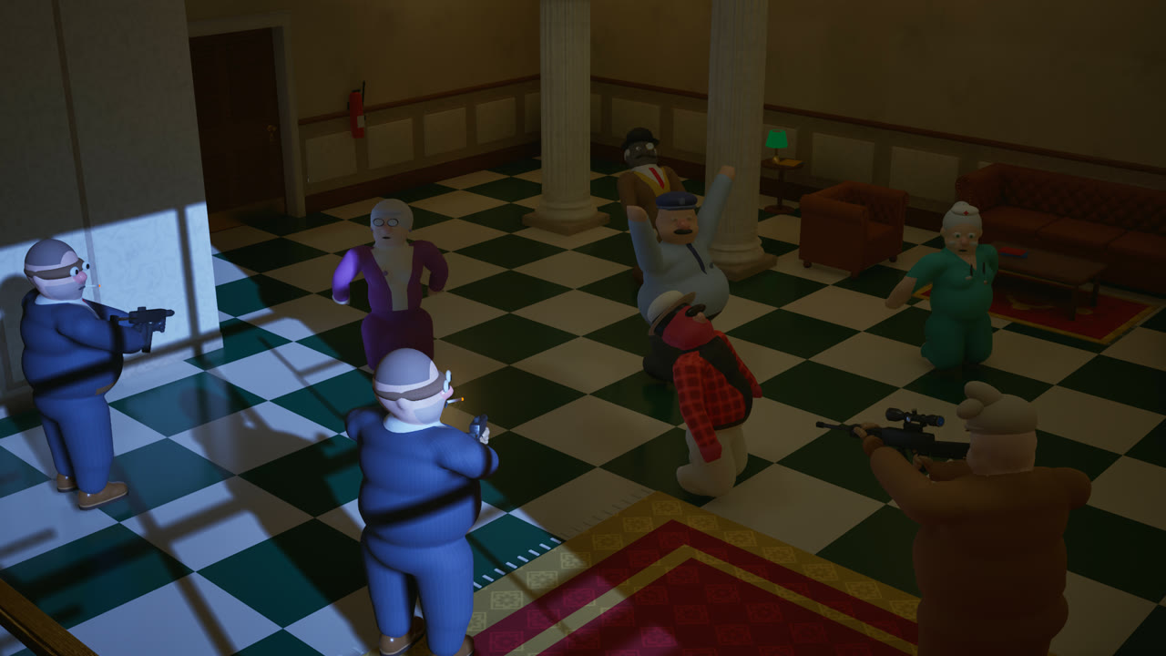 The crew holding hostages in the bank's grand hall